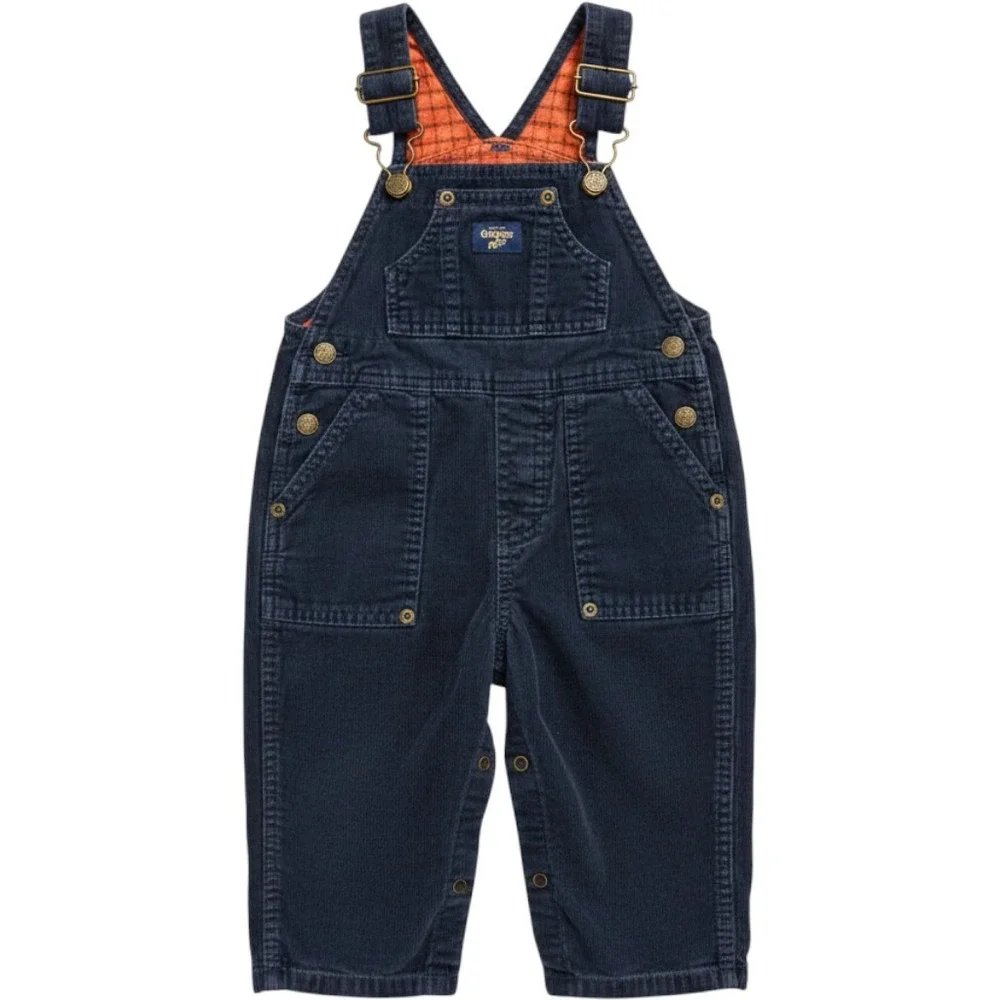 OshKosh‎ Bgosh Boys Navy Blue Corduroy Plaid Flannel Lined Overalls 12 Months